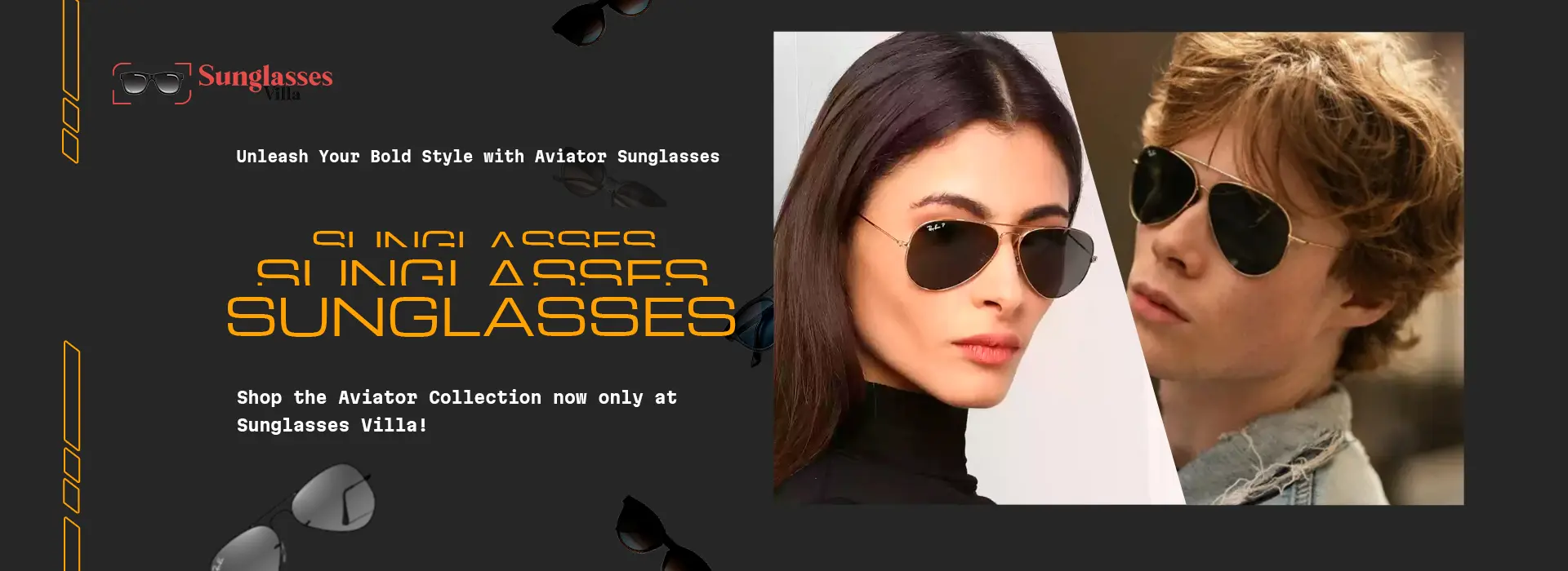 Stylish aviator first copy sunglasses showcased on a man and woman, promoting the latest collection from Sunglasses Villa.